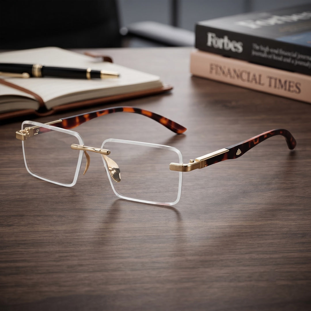 LIWAZO Executive Rimless Glasses | Gold Metal Bridge & Acetate Temple Spectacles