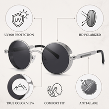 Gothic Vintage Round Sunglasses | Industrial Spring Temple Metal UV400 Eyewear