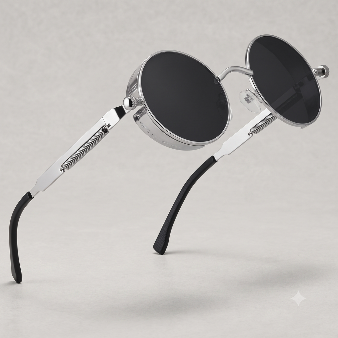 Gothic Vintage Round Sunglasses | Industrial Spring Temple Metal UV400 Eyewear